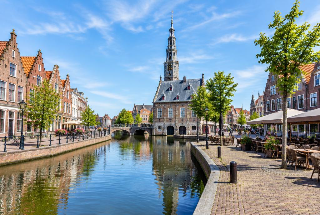 Un canal et une place d’Alkmaar en plein soleil, avec un poids public historique et des terrasses de café au bord de l’eau.