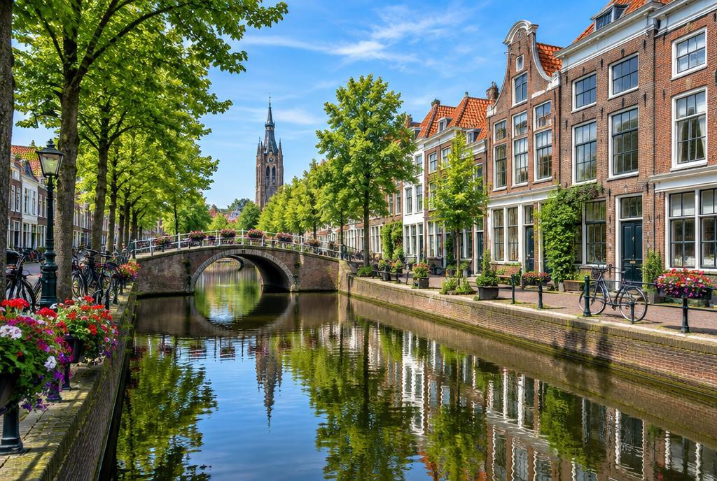Un canal de Delft bordé d’arbres par une journée lumineuse, avec des maisons historiques et un pont en brique arqué au-dessus de l’eau calme.