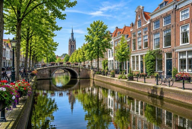 A tree-lined Delft canal on a bright day, historic houses and an arched brick bridge over calm water.