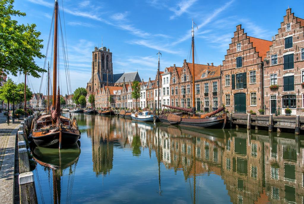 Le vieux port de Dordrecht au soleil, avec des voiliers historiques et des entrepôts à pignons qui se reflètent dans l’eau calme.