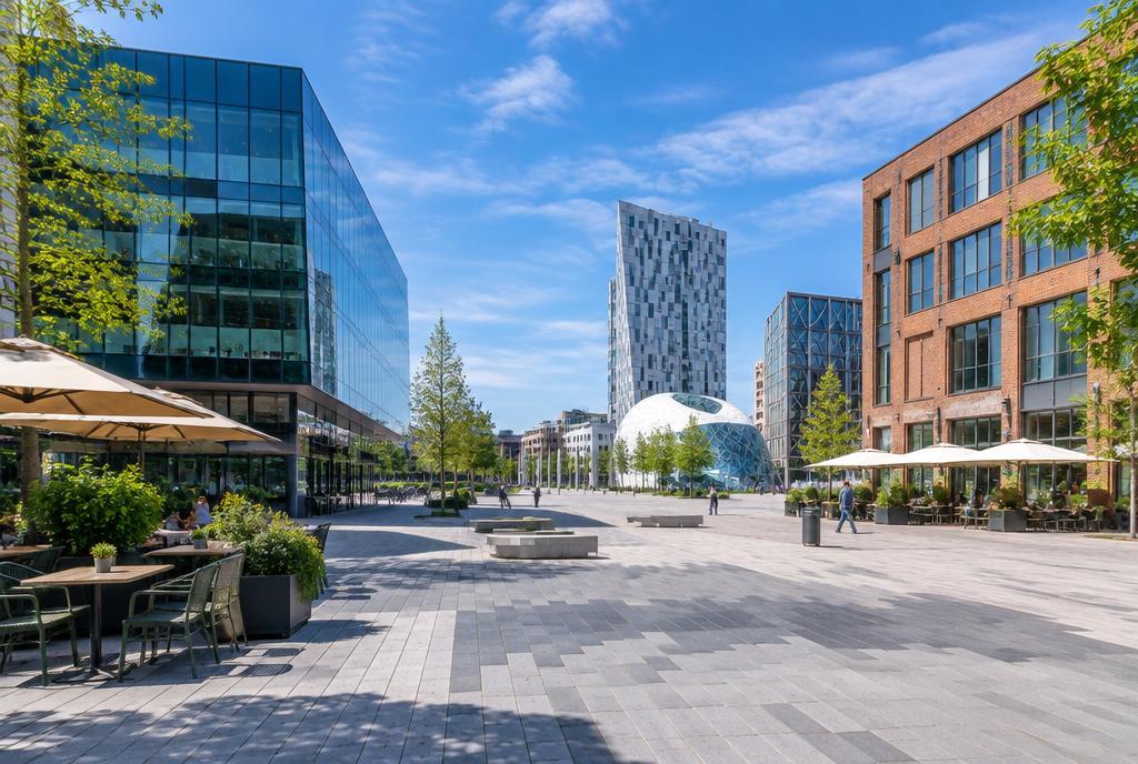 Une place moderne et lumineuse à Eindhoven, avec une architecture contemporaine de verre et de brique autour d’une esplanade piétonne.