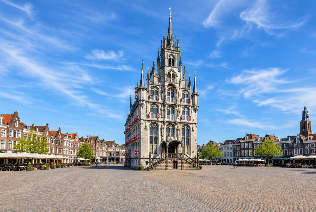 La place du marché de Gouda au soleil, avec l’hôtel de ville gothique richement orné seul au milieu des pavés.