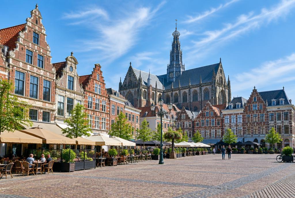 La place du marché de Haarlem au soleil, avec des terrasses de café au pied des maisons à pignons en brique et de la grande église gothique.