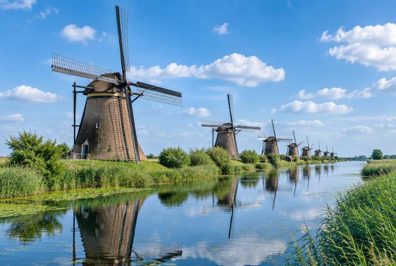 The windmills of Kinderdijk in a row along a reed-lined canal under a bright blue sky, reflected in the water.