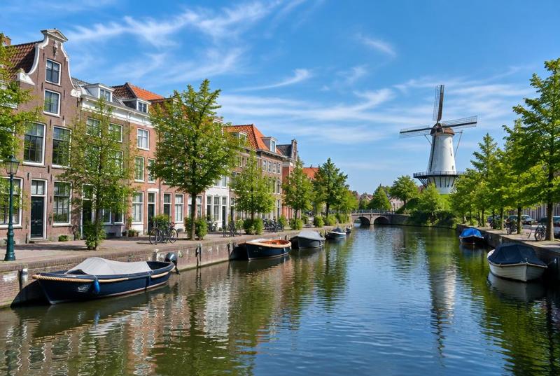 A Leiden canal in the sun, historic houses along the water with a tall windmill on the embankment beyond.
