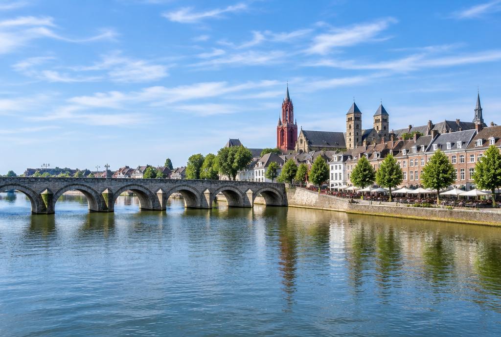 La Meuse à Maastricht, un long pont de pierre à arches et les tours de la vieille ville le long de la rive ensoleillée.