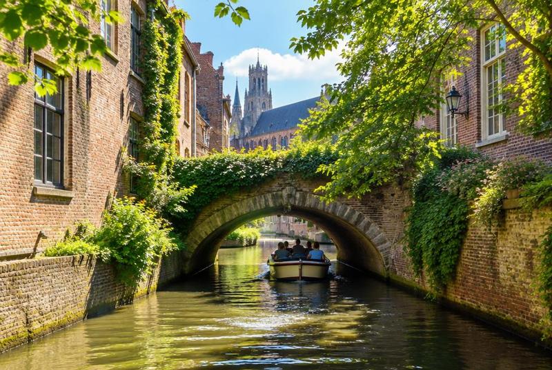 A small boat passing under an ivy-covered stone arch on the old canals of 's-Hertogenbosch.