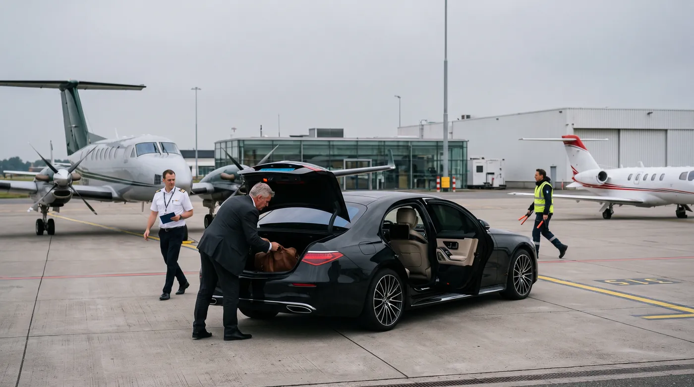 Un autista carica una borsa in pelle nel bagagliaio mentre un pilota passa per il controllo prevolo e un addetto di piazzale attraversa con il gilet ad alta visibilità.