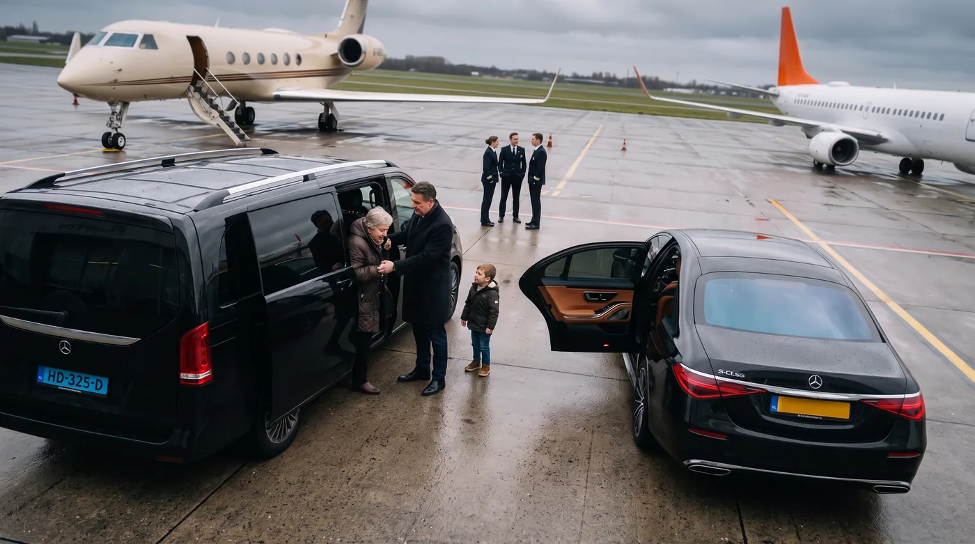 Vista dall’alto: un uomo aiuta una signora anziana a scendere da una Mercedes Classe V nera, un bambino attende accanto e l’equipaggio parla vicino alla scaletta.