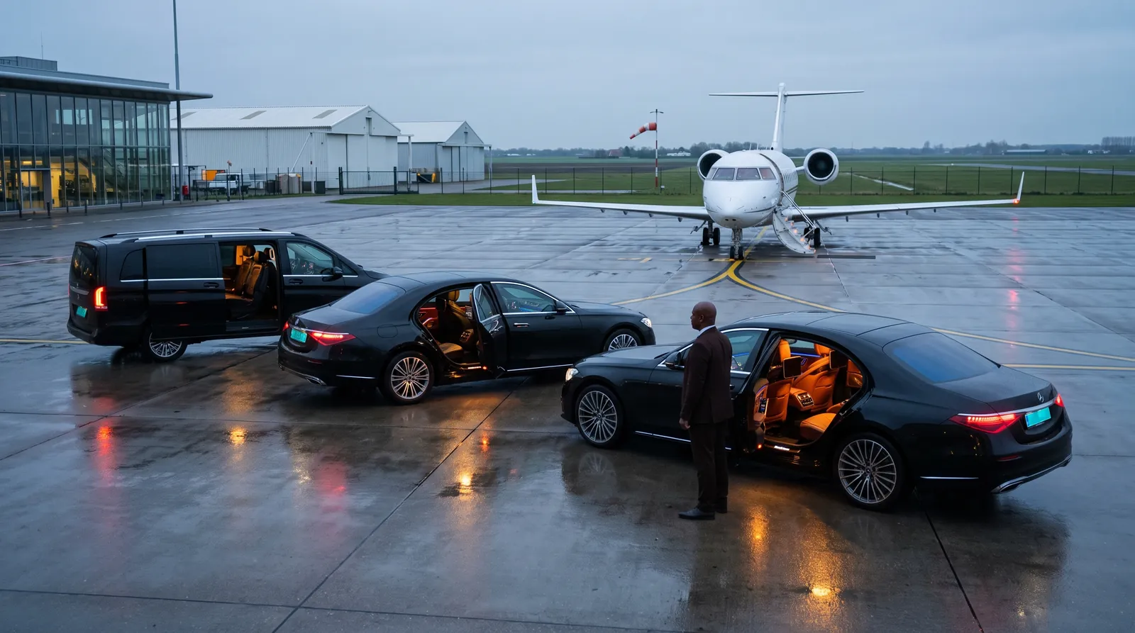 Tre Mercedes nere — una Classe V e due berline — allineate con le portiere aperte su un piazzale bagnato, con un jet privato parcheggiato davanti.