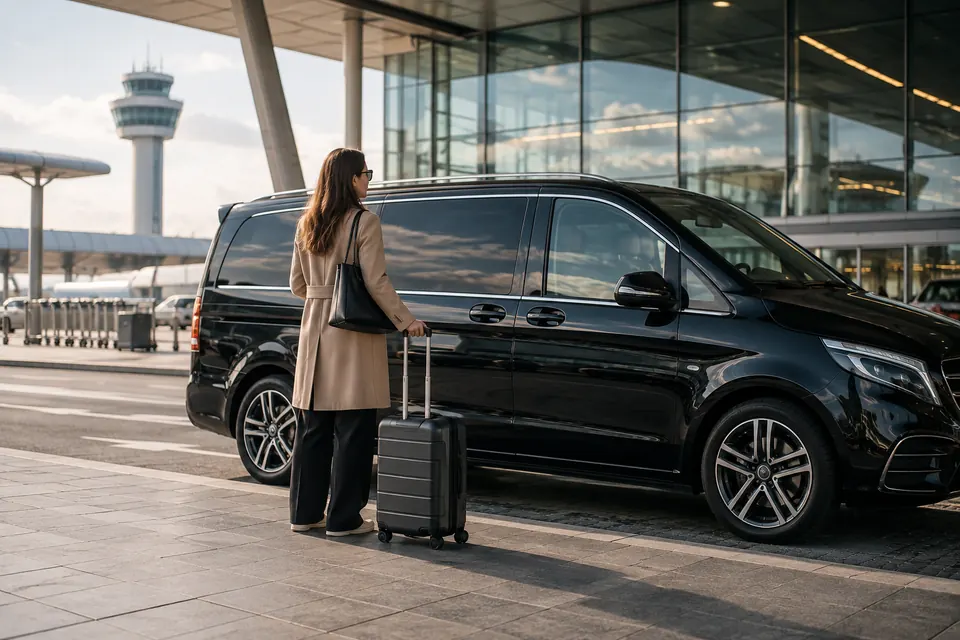 Viaggiatrice con valigia accanto a un minivan in aeroporto