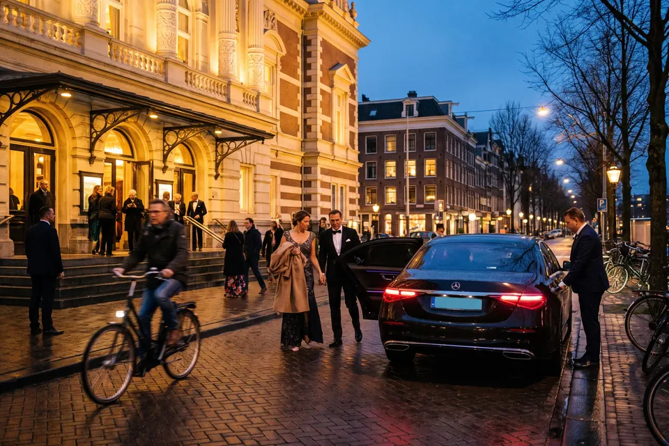 In una sera di pioggia, una coppia in abito da sera raggiunge una berlina Mercedes nera ferma sul marciapiede, davanti a una sala da concerto ottocentesca illuminata dove altri ospiti sostano sulla scalinata.