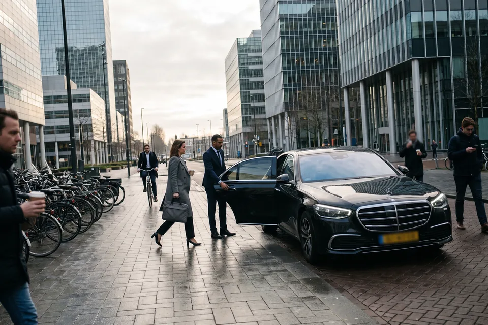 Sotto le torri di vetro della Zuidas di Amsterdam, un autista tiene aperta la portiera posteriore di una berlina Mercedes nera per una donna d’affari con la borsa del portatile.