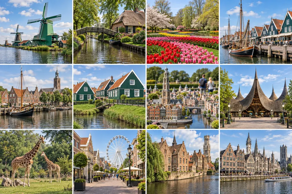 Collage generato con IA di mete nei Paesi Bassi e in Belgio: mulini, giardini di tulipani, villaggi sui canali, attrazioni e città storiche
