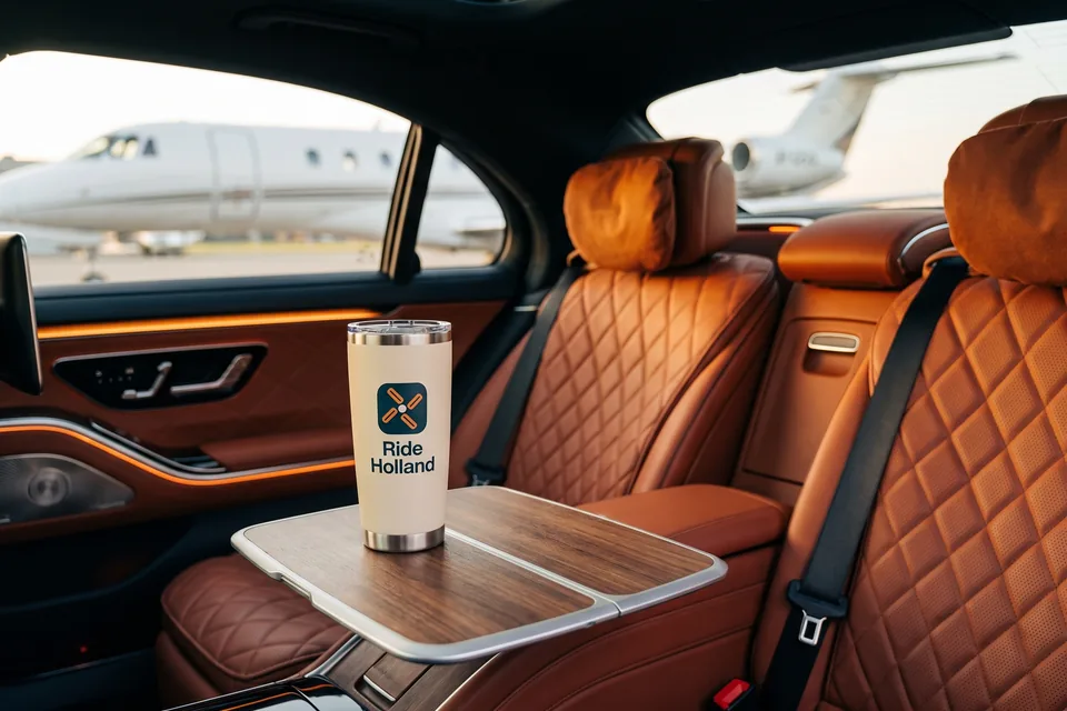 I sedili posteriori di una berlina Mercedes in pelle cognac, con una tazza da viaggio Ride Holland sul tavolino e un jet privato oltre il finestrino