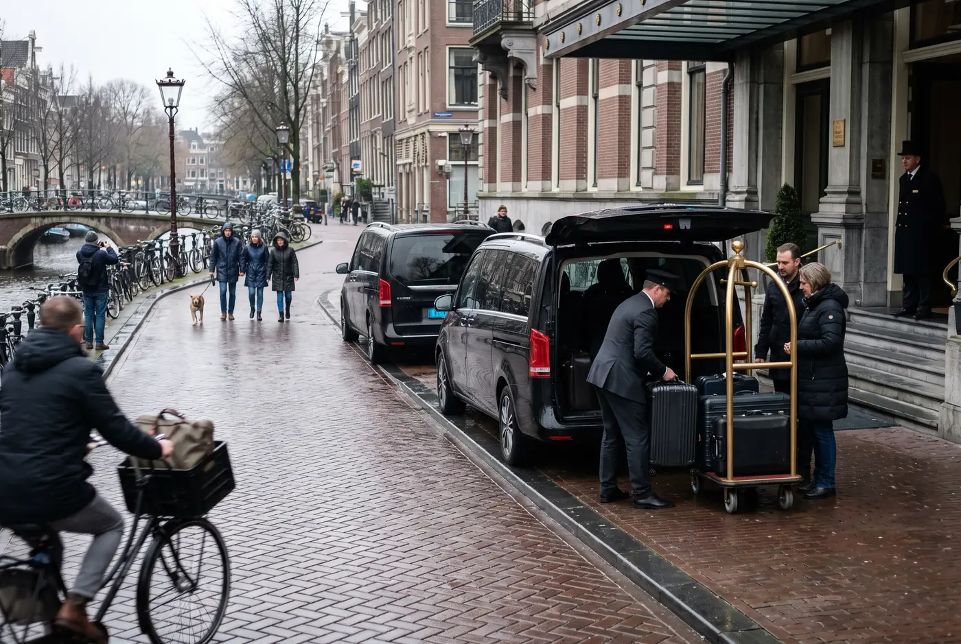 Tre van Mercedes neri attendono lungo il marciapiede davanti a un hotel su un canale di Amsterdam mentre un autista carica le valigie su un carrello.